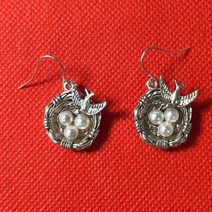 Bird Nest with White Pearl Eggs Antique Silver Tone French Hook Pierced Earrings